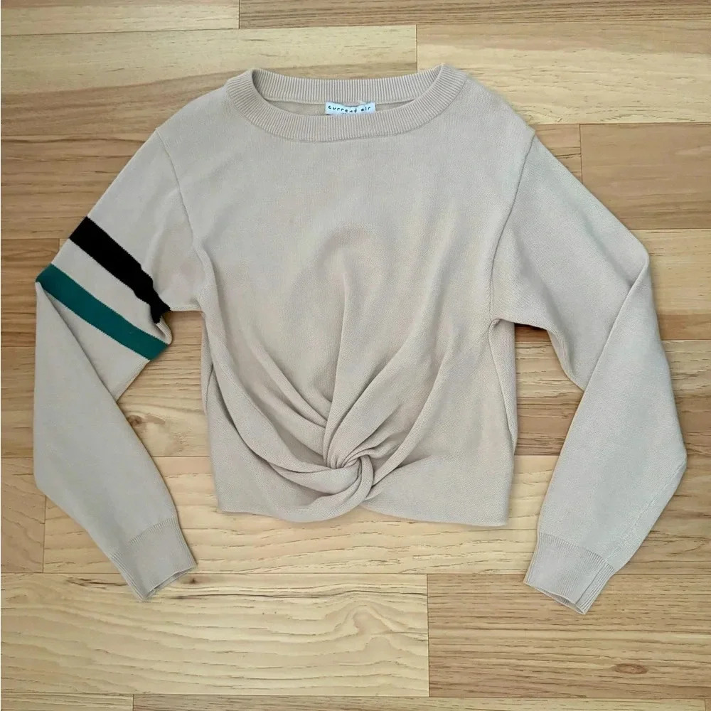 Beige Knotted Sweater with Striped Sleeve